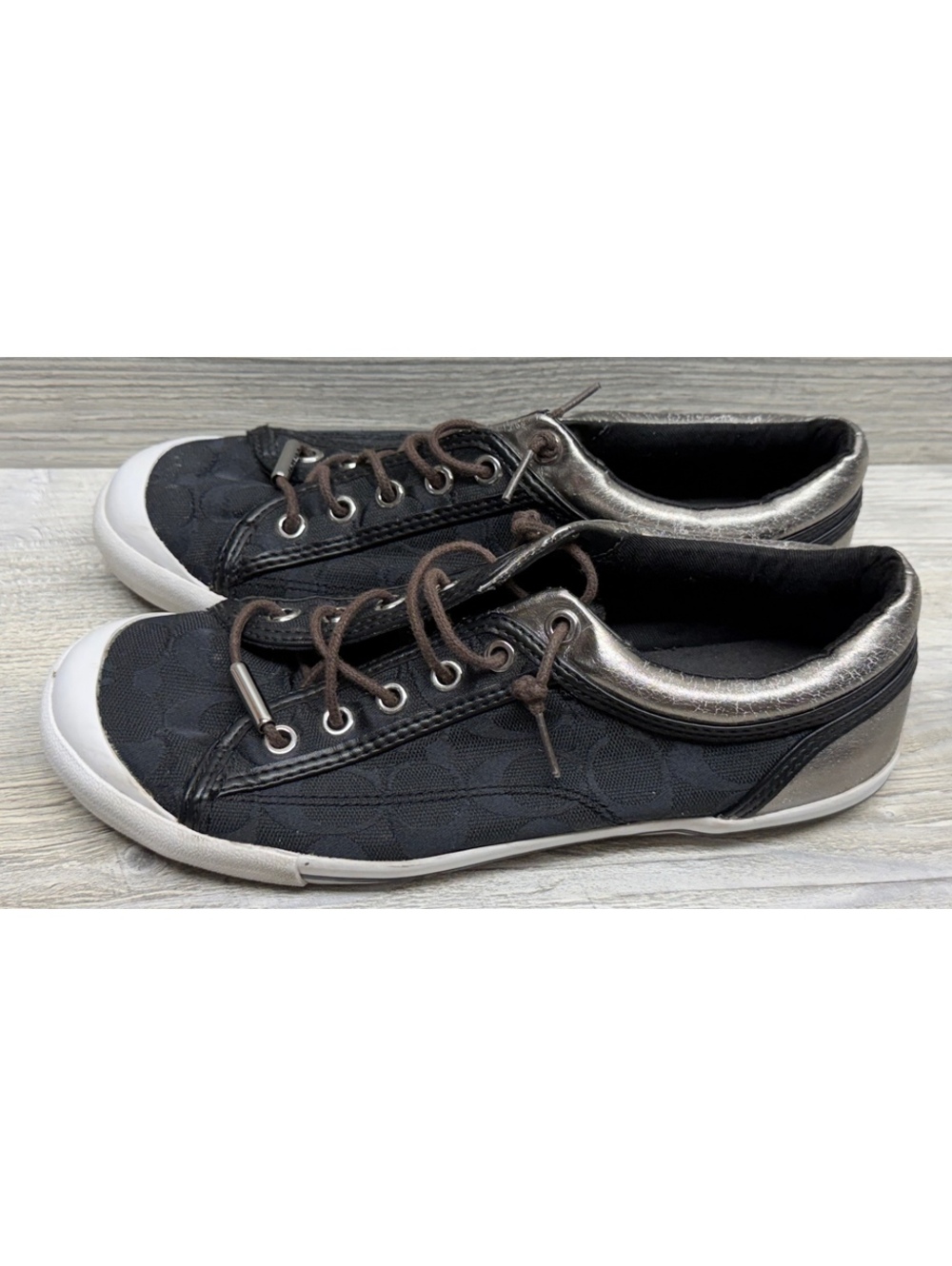 Coach Women's Black and Metallic Silver Logo Sneakers Women's Size 8B